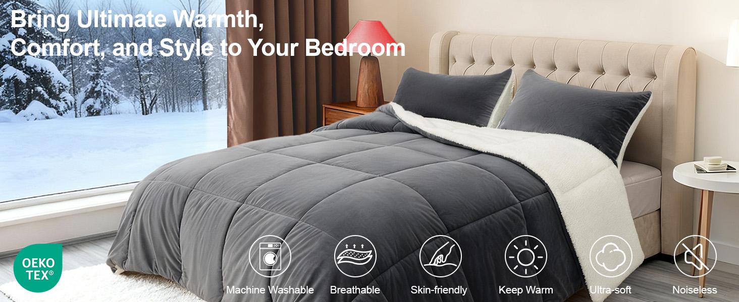Gray King Size Comforter Set 3 Pieces,Winter Warm Plush Reversible Down Alternative Comforter & 2 Pillow Shams,Thick Fuzzy Micromink Fleece Bedding Comforter Sets(Charcoal,King) |   Soft, Warm Bedding