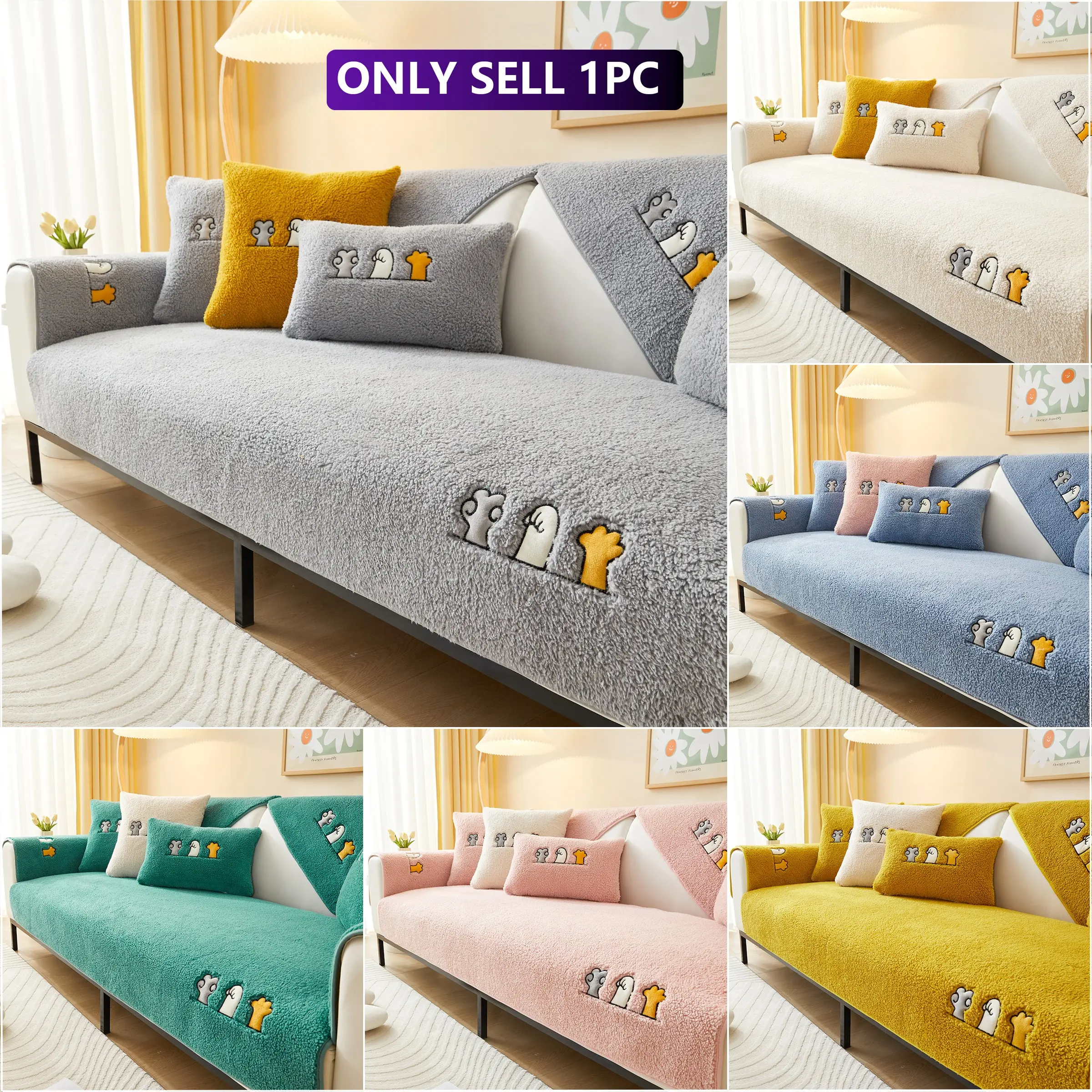 Soft Sheepskin Sofa Cushion with Cat Paw Design, Dust-Proof and Scratch-Resistant, Non-Slip Bottom, Pet-Friendly, Multiple Colors Available
