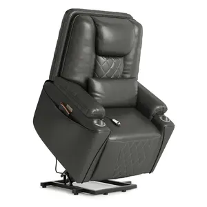 Power Lift Recliner Chair for Elderly - PU Leather Single Sofa with Electric Stand Assist - USB Charging Ports, Cup Holders & Storage - Home Theater Accent Seating for Living Room, Gray