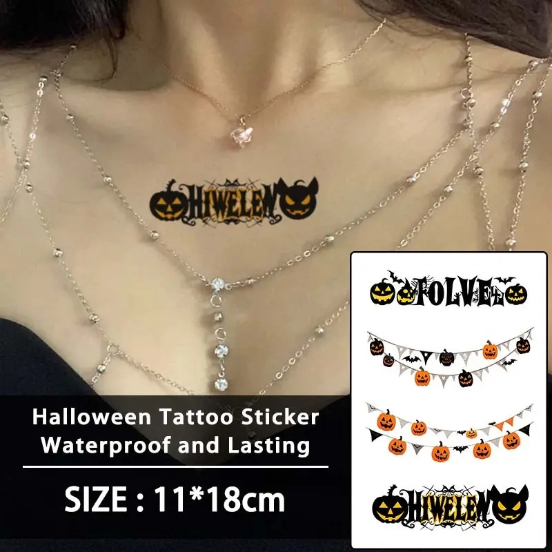 Halloween Pumpkin Ribbon Cute Funny Colorful Cartoon Letter Temporary Tattoo Stickers, Waterproof, Reusable, for Face, Hands, Arms, Legs, Chest, Neck, Back