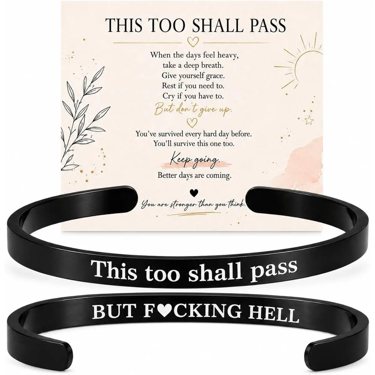 This Too  Pass Mantra Cuff Bracelet for Women, Inspirational Engraved Bangle, Motivational   for Her, Encouragement Strength Reminder Bracelet