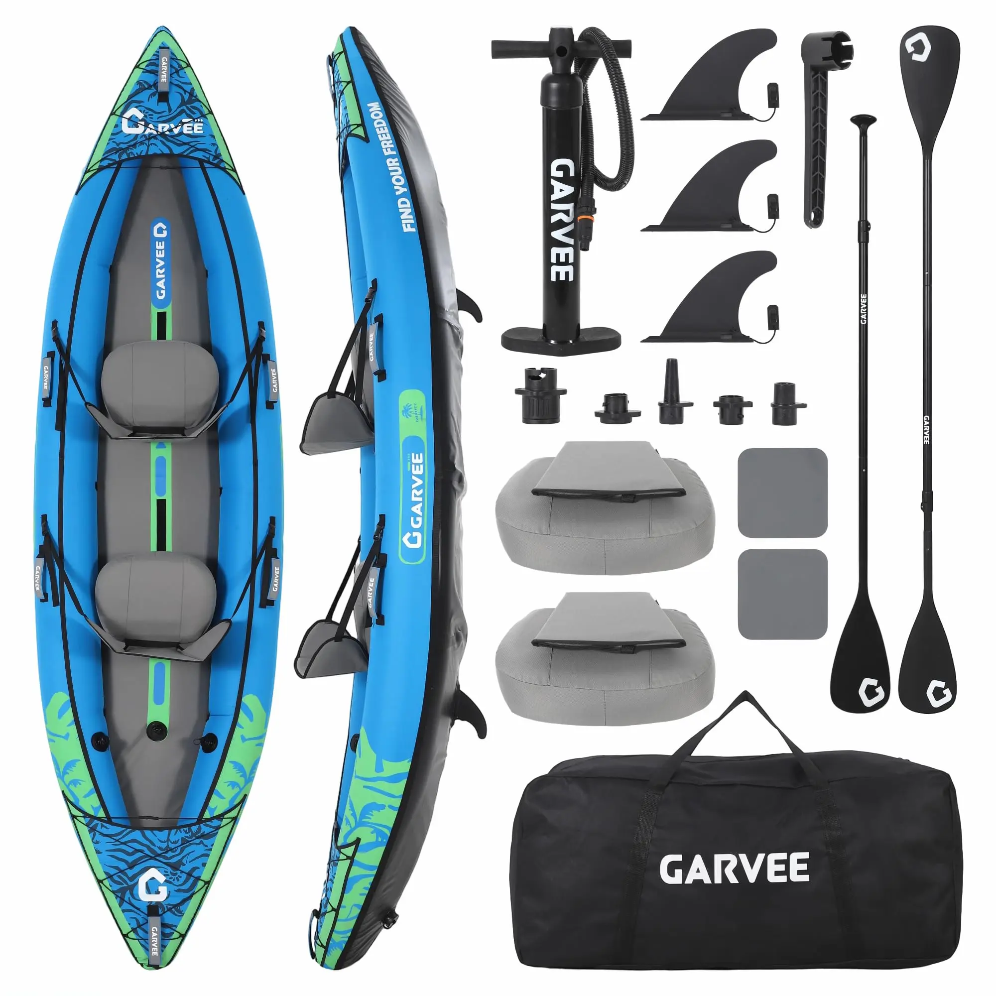 12.5FT 2 Person Inflatable Kayak for Adults, 450LBS Weight Capacity Portable Fishing Touring Kayak with Padded Seat 3 Fins Hand Pump Carry Bag Repair Kit