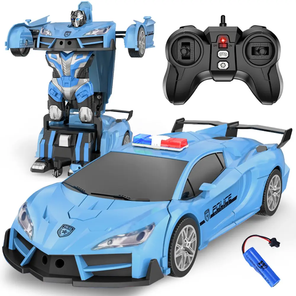 Transformable Remote Control Police Car, Blue RC Car, 2.4GHz, LED Lights, 360° Rotation, Kids Gift, Ages 3-12, Unisex