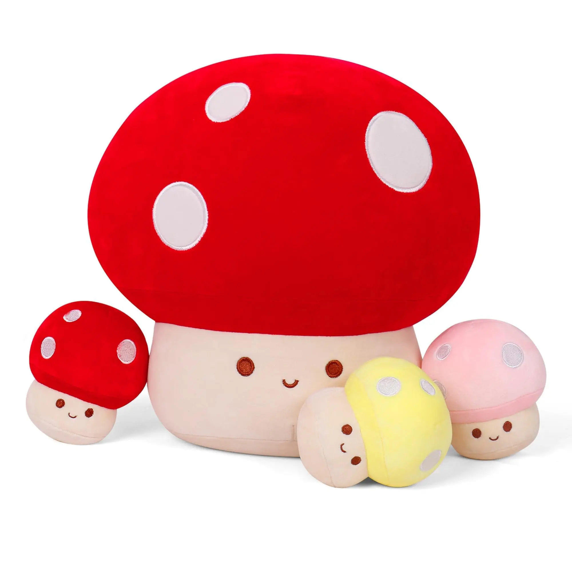 WeBingo 4-Piece Cute Mushrooms Plush Pillow Set - 12in Giant Mushroom Decor, Plush-Cotton Washable Soft Stuffed Animal with 3 Baby Plushies