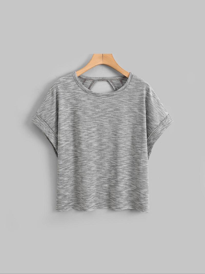 Women's Plain Cut-Out Asymmetrical Hem Batwing Sleeve Tee, Casual Short-Sleeve Round-Neck T-Shirt for Summer, Ladies' Clothing for Daily Wear