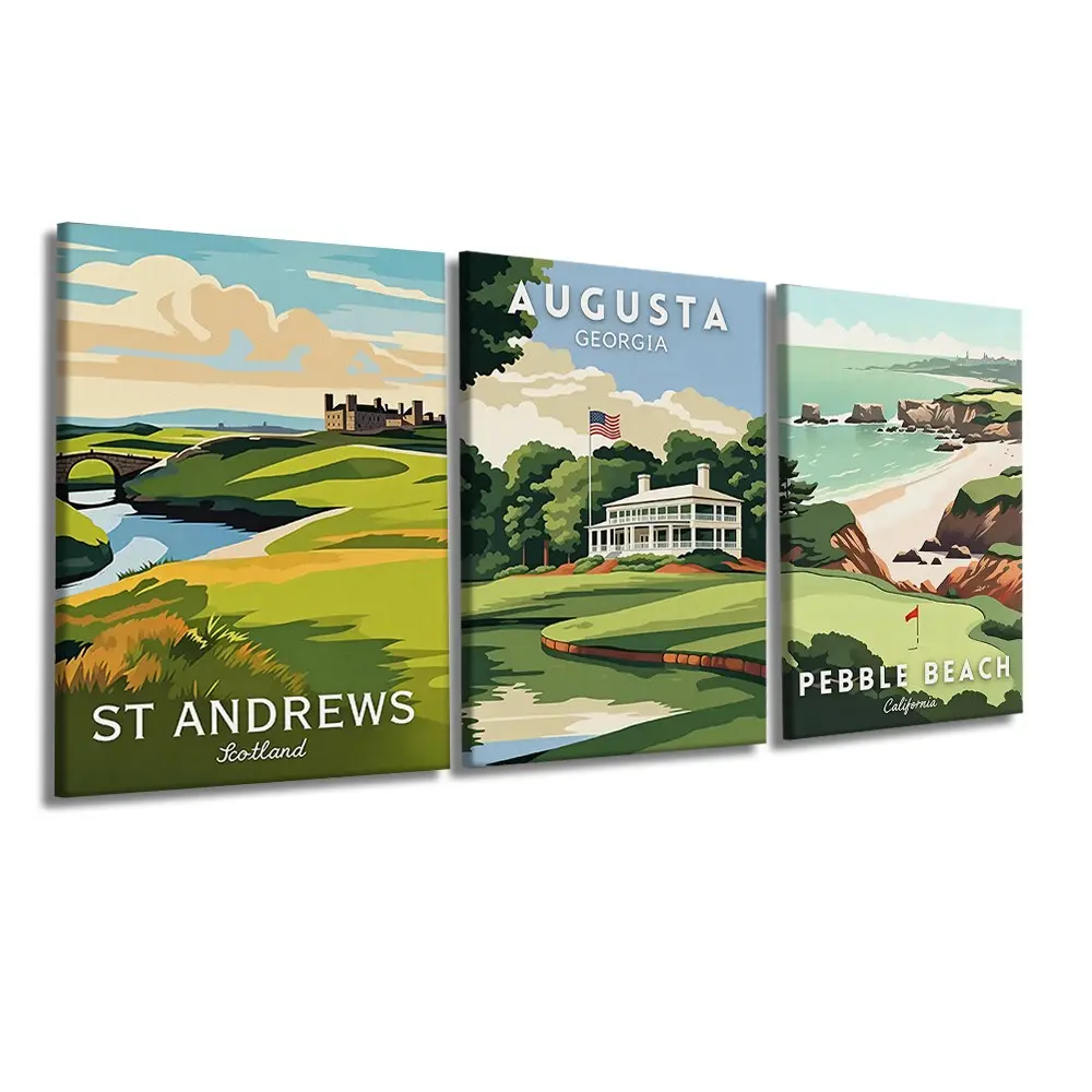 3 Pcs/Set Wooden-Framed Canvas Painting, Famous Golf Course Travel Print Set St Andrews Augusta Pebble Beach Vintage Landscape Three Panel Canvas Wall Art Golf Club Man Cave Living Room Bedroom Office Decor Home Decor, Fashion Artistic Ornaments, Artwork