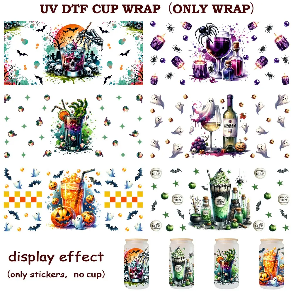 Halloween UV DTF Stickers, 6pcs Spooky Skull & Ghost Decals for 16oz Cups, Self-Adhesive Gothic DIY Decorative Stickers, Cosplay & Dark Aesthetic Decor