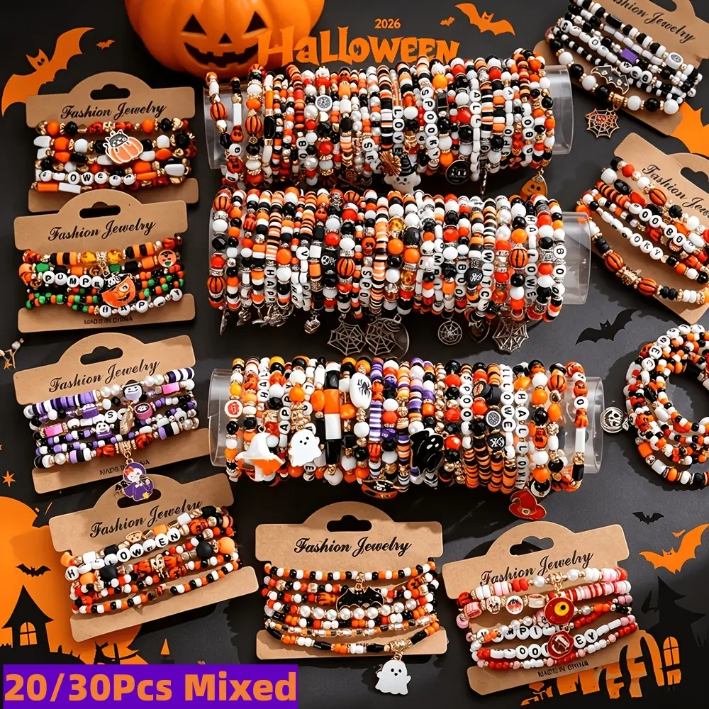 20/30Ps Halloween Beaded Bracelets Set Mixed Style, Pumpkin Witch Skull Stackable Stretch Bracelets, Spooky Holiday Party Jewelry Gifts for Women Girls