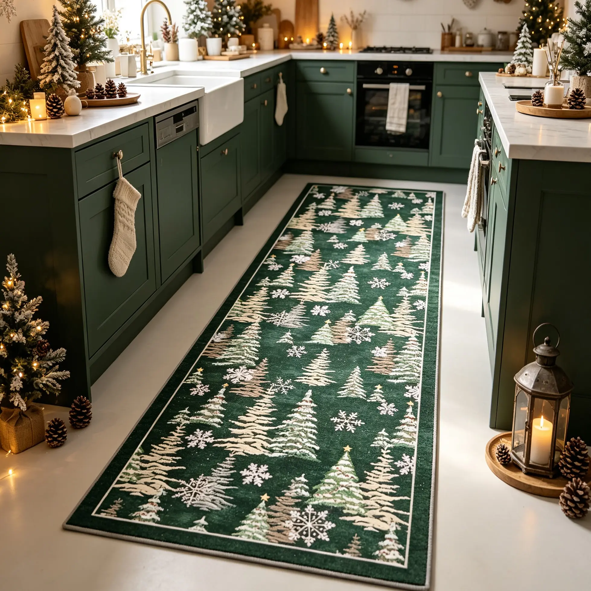 Vintage American Christmas Cedar Runner Rug, Deep Snowflake Tree Carpet, Soft Comfortable Rectangular Mat, Non-Slip