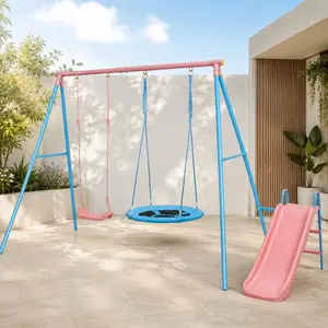 ARCH Furniture Kids' Durable Metal Frame Multi-Swing Set with Slide - Blue and Pink Outdoor Play Equipment for Patio
