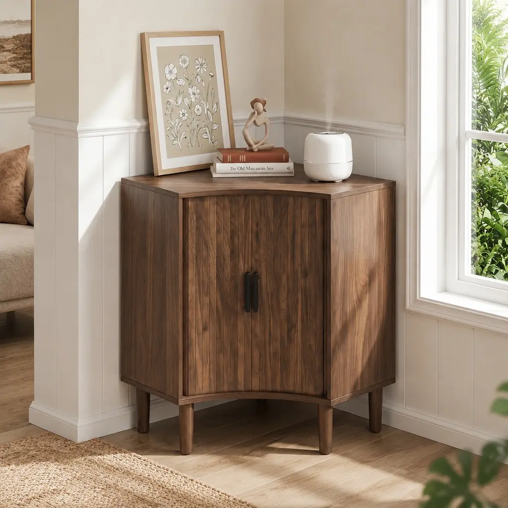 ARCH Fluted Corner Cabinet, Small Freestanding Wooden Storage Cabinet with Sliding Doors and Adjustable Shelves, Modern MDF Narrow Floor Cabinet for Living Room, Dining Room, Bathroom, Walnut Finish, 21.49"W x 21.49"D x 29.72"H, Walnut Color Options