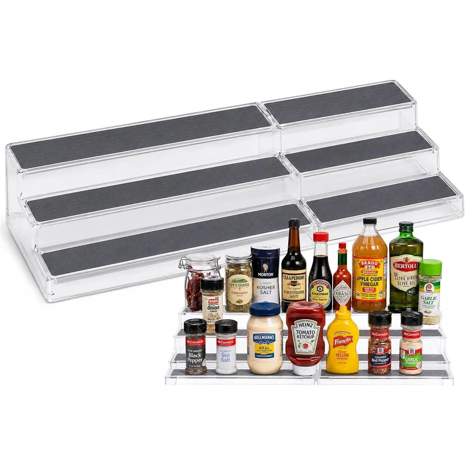 3–Tier Expandable Plastic  Rack - Adjustable Length, Stability with Non-Skid Shelf, Three Tiers for Easy Visibility, Organizer for Kitchen Cabinet, Pantry or Countertop, White/Grey