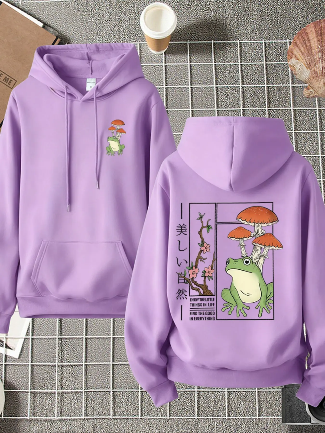 Japanese Ukiyo-E Frog Mushroom Print Hoodie, Front and Back Dual Print, Loose Fit, Long Sleeve, Casual All Seasons Apparel