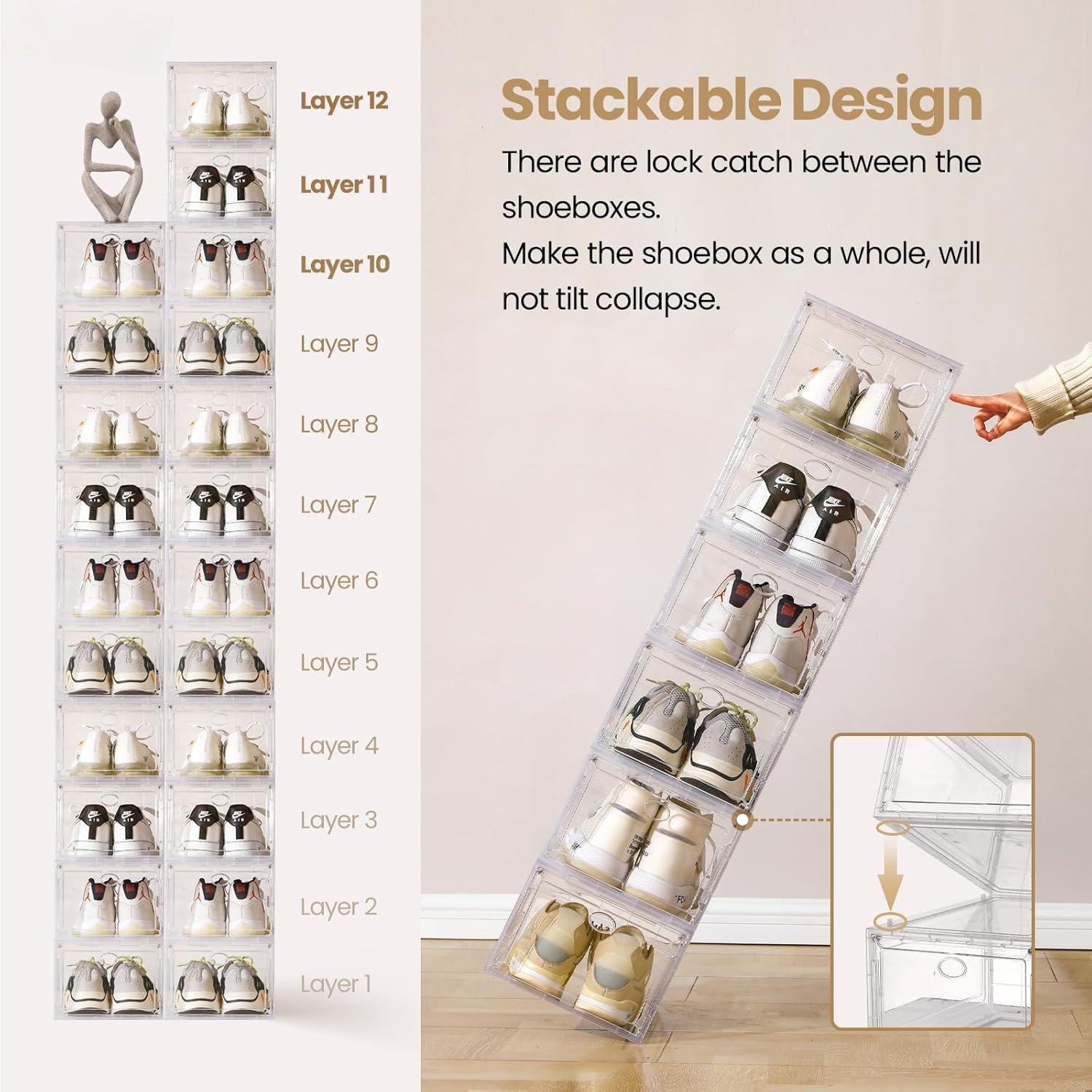 12 Pack Clear Shoe Boxes Stackable,Shoe Storage Boxes for Closet,Sturdy Shoe Box Storage Containers with Clear Door,Sneaker Storage,Easy to Assemble,Fit up to Size 12(13.8"x 9.84"x 7.1") 12 Pack Clear Shoe Boxes Stackable,Shoe Storage Boxes for Closet,Sturdy Shoe Box Storage Containers with Clear Door,Sneaker Storage,Easy to Assemble,Fit up to Size 12(13.8"x 9.84"x 7.1")