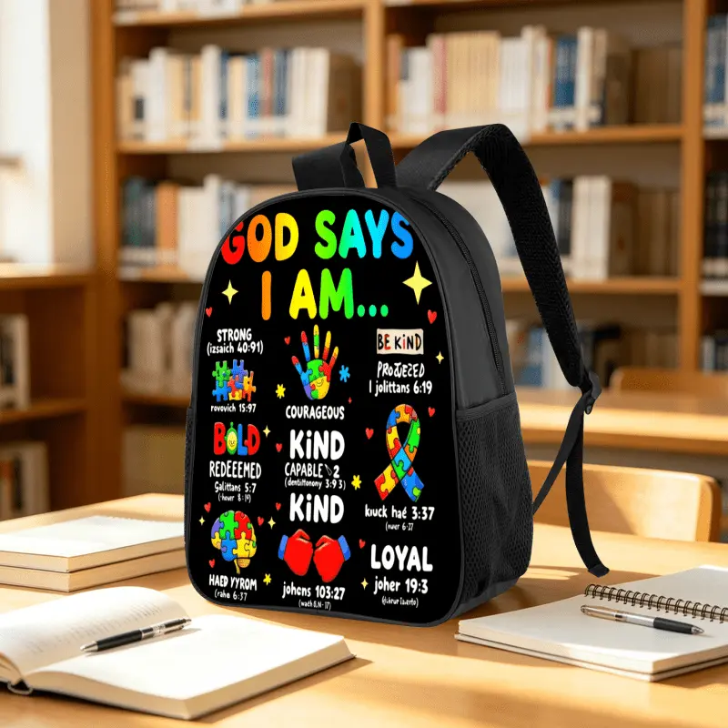 Unisex Waterproof Autism Awareness Jigsaw Ribbon Backpack, High-Capacity Laptop Daypack with Side Mesh Pocket, Suitable for Neurodiverse Communities Daily Commuting & Outdoor Walking