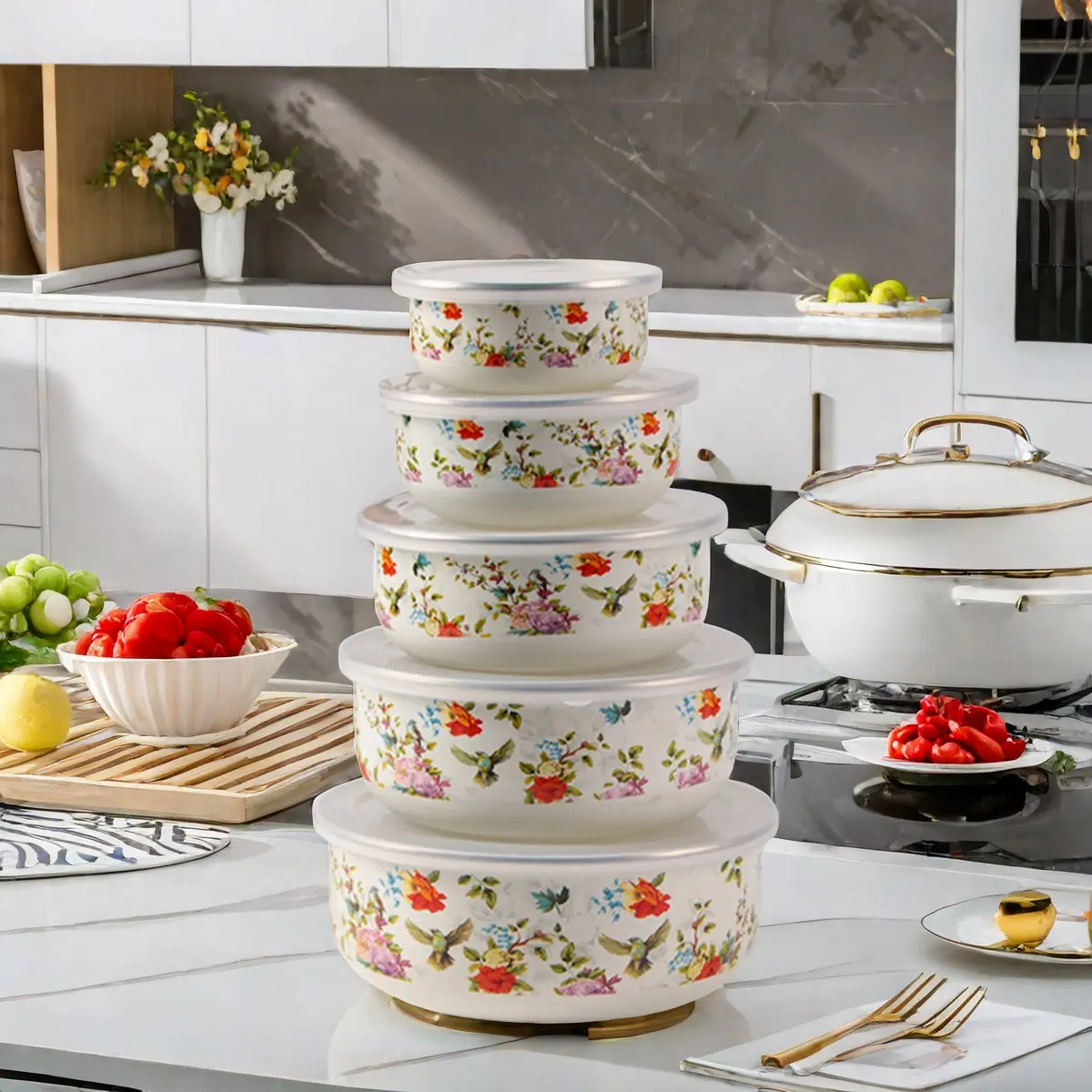 5pcs Ceramic Multi-Functional Sealed Fruit Vegetable Storage Bowls, Portable Lunch Box, Salad Bowl, Food Storage Container, Kitchen & Outdoor Use