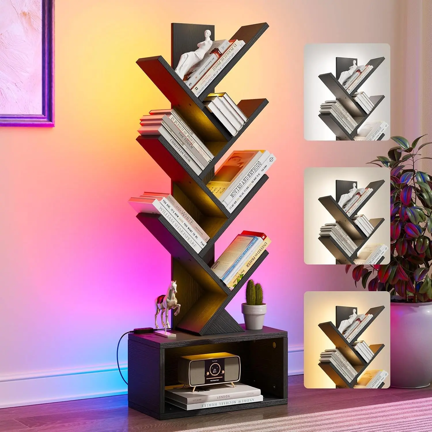 Black 6-Tier Tree Shape Bookshelf with LED Lights, Floor-Standing Corner Storage Organizer for Living Room, Home Office