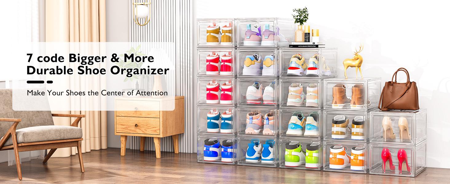 Thickened Clear Shoe Storage Organizer with Magnetic Door, Sturdy Stackable Shoe Boxes for Closet, Collapsible Space-Saving Shoe Rack for Sneakers & Boots, Plastic Shoe Cabinet Box Set, 6 Pack, White