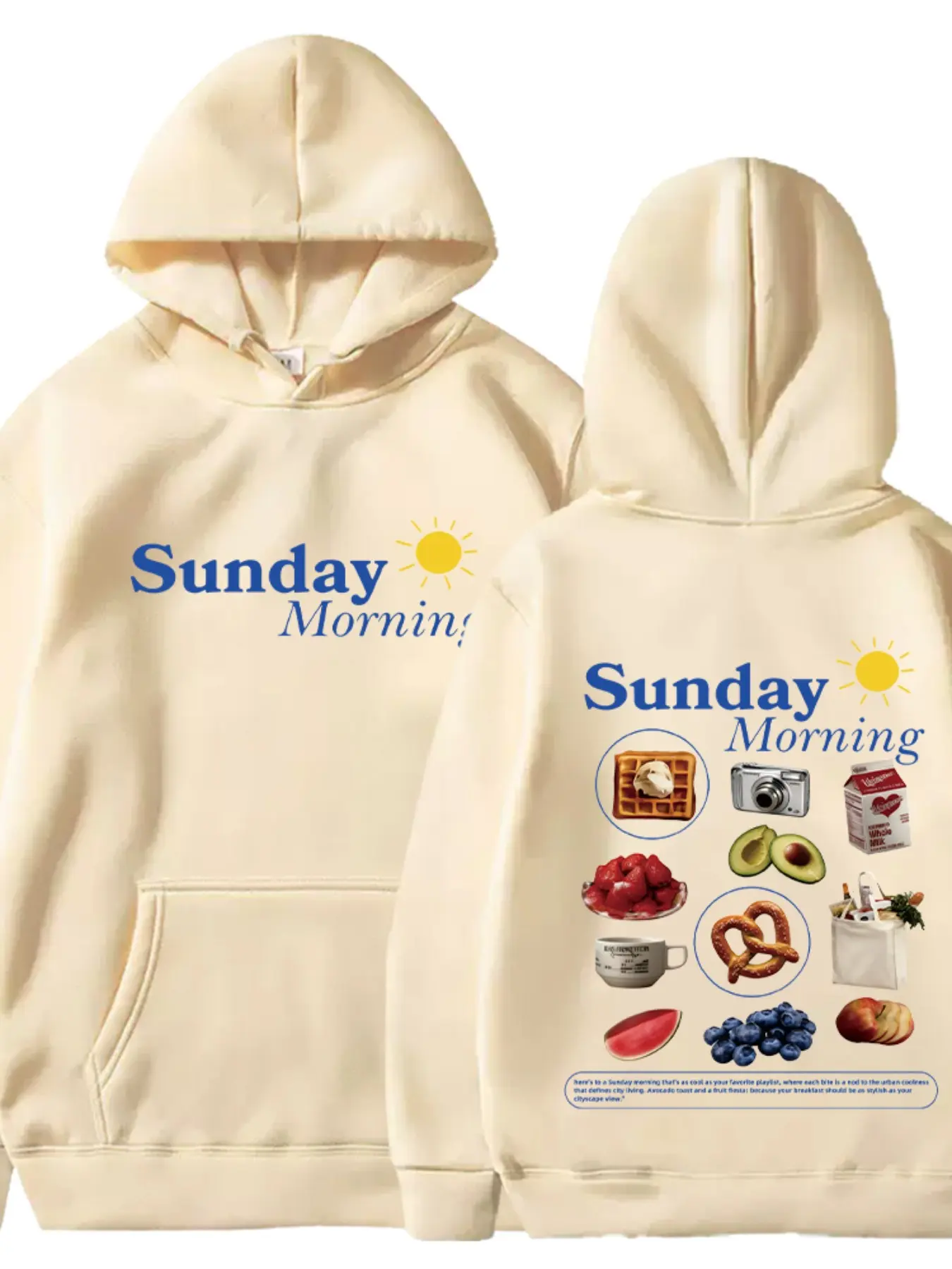 American Style Sunday Morning Hoodie, English Short Sentences, Breakfast Ingredients Print, Loose Fit, Unisex Long Sleeve Sweatshirt