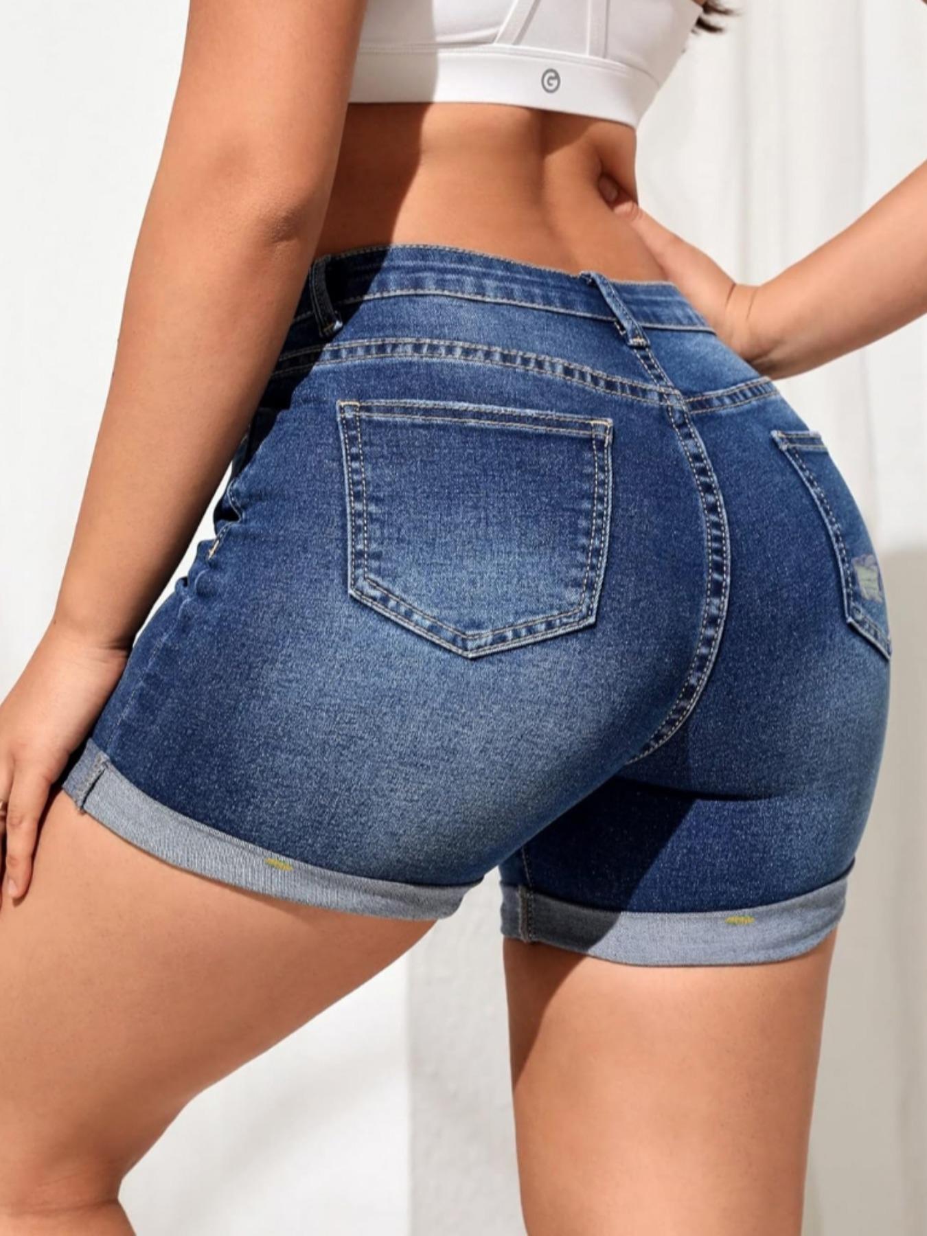 Women's Ripped Pocket Denim Shorts, Casual Stretchy Denim Shorts for Daily Wear, Ladies Bottoms for Summer, Womenswear
