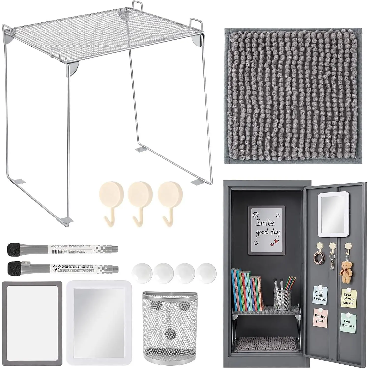 Grey Locker Organizer Accessories Kit with Locker Shelf, Mirror, Pen, Pen Holder, Whiteboard, Blanket, Round Magnet, Hook for Back to School Essentials and Work Locker Organizers