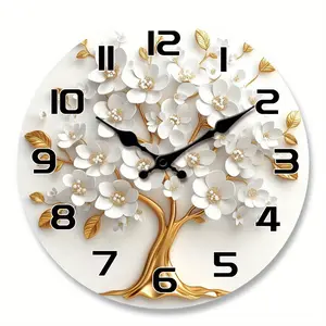 white floral and golden tree pattern acrylic wall clock, Decorative clock, floral-themed silent clock, suitable for living room, bedroom, kitchen, office decor, modern home art decoration, gift for Valentine's Day, New Year, or birthdays