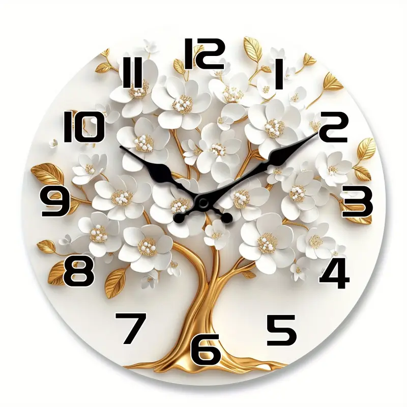 white floral and golden tree pattern acrylic wall clock, Decorative clock, floral-themed silent clock, suitable for living room, bedroom, kitchen, office decor, modern home art decoration, gift for Valentine's Day, New Year, or birthdays
