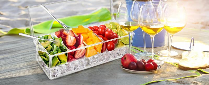 7CODE Condiment Tray with Stainless Steel 5 Spoons, 5 Forks and 1 Clip, Chilled Condiment Server, Condiment Server, Bar Garnish Holder on Ice, Bar Accessories Fruit and Salad with Removable Trays and Lid