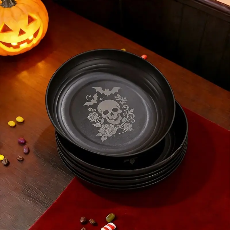 Gothic Skull Rose Tray Set of 6, PP Material, Round Home Restaurant Party Plates, Elegant Design for Special Occasions