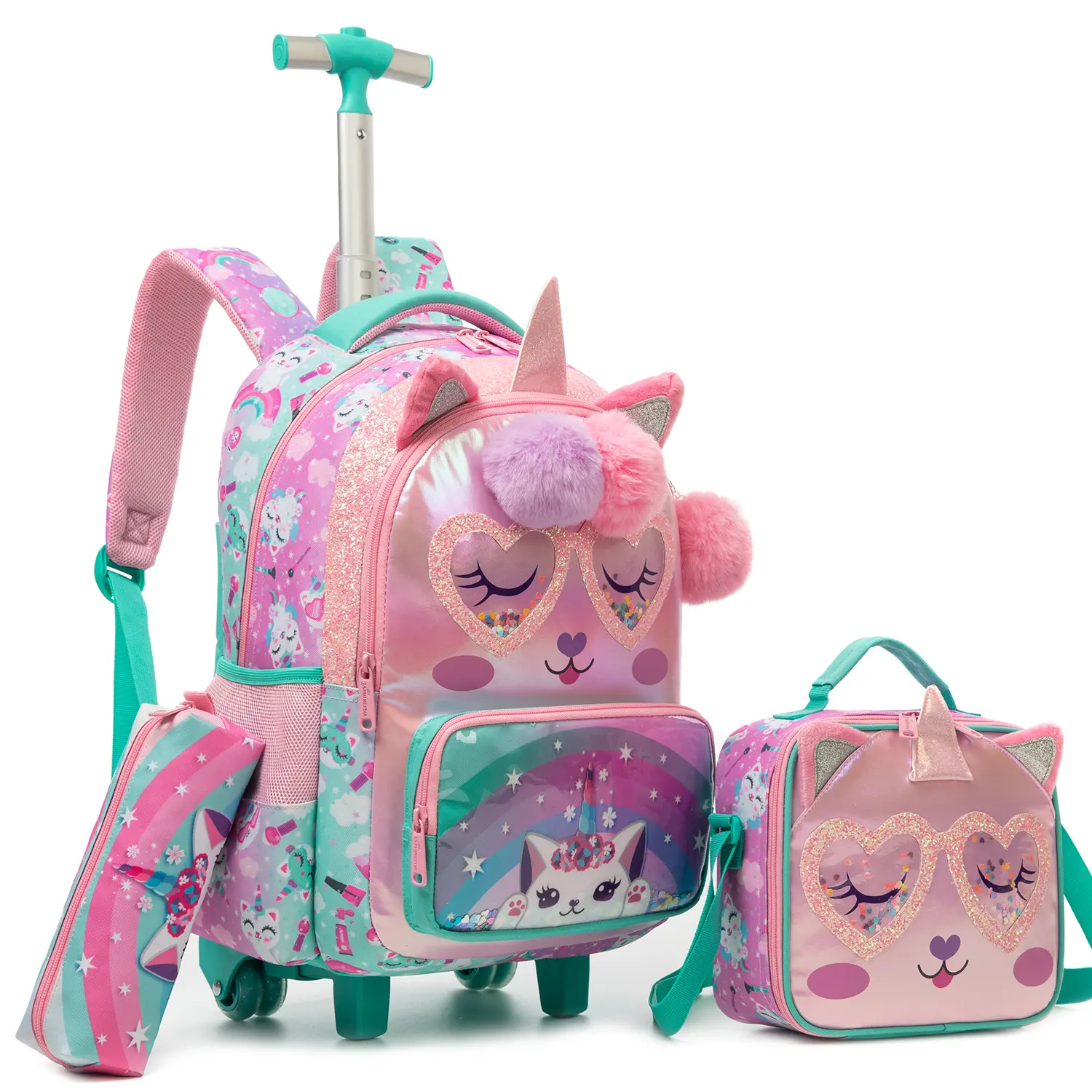 3-Piece Girls Unicorn Kitty Rolling Backpack Set | Cute Caticorn Schoolbag with Heart Sunglasses & Horn, Insulated Lunch Bag & Pencil Case | Pastel Wheeled Trolley Bookbag for Toddler & Little Girls