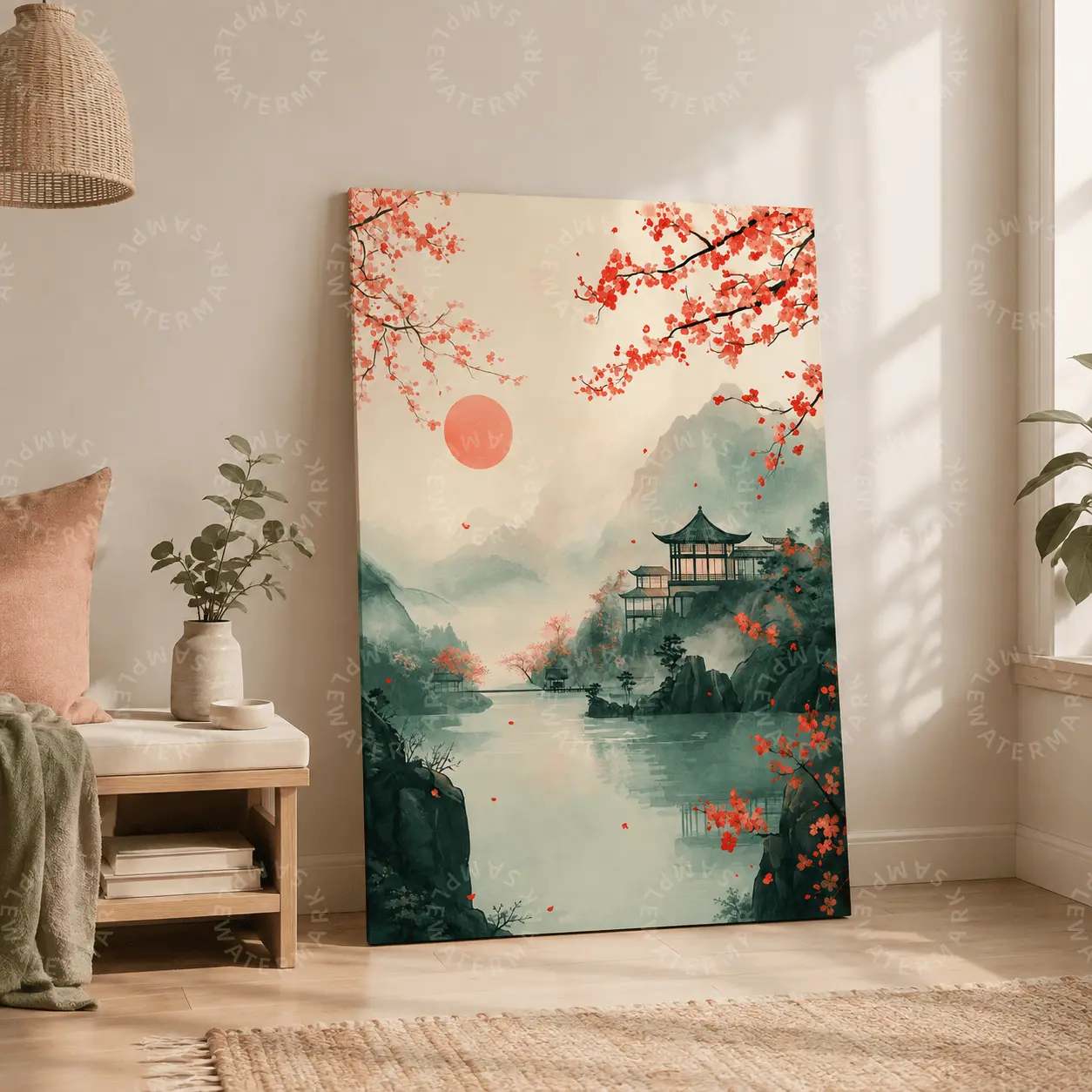 Japanese Chinese Ink Landscape Canvas Poster, Red Plum Blossom Mountain Lake Pavilion Wall Art, Oriental Aesthetic Living Room Bedroom Office Decor, Minimalist Zen Asian Vintage Watercolor Wall Hanging Gift, aesthetic poster