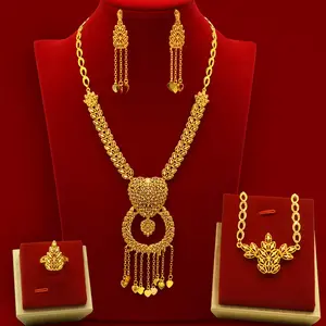 4Pcs 18K Gold Plated Leaf Filigree Heart Tassel Bridal Jewelry Set, Long Statement Necklace Drop Earrings Bracelet Ring, Luxury Dubai Ethnic Gold Jewelry For Wedding Anniversary Gala Party Gift For Women