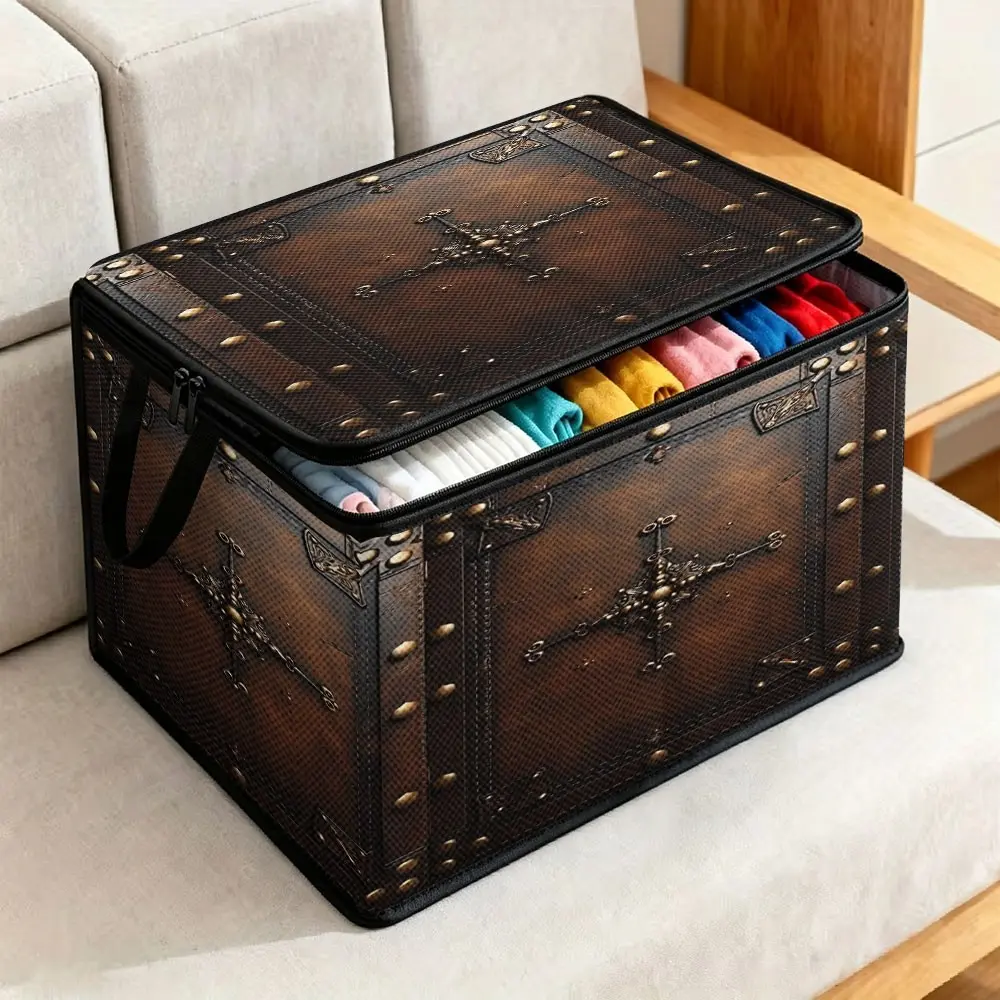 1 piece of upgraded large-capacity lidded storage box with flat print, waterproof storage bin printed with vintage pirate treasure chest patterns – storage container for all-season clothes, quilts and pillows, foldable blanket and clothing storage bag, fo