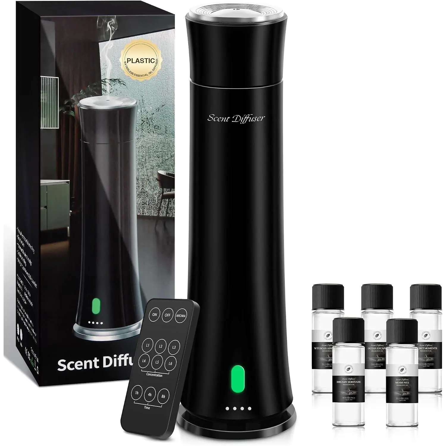 Hotel Scent Diffuser Starter Kit - 1500 Sq Ft Coverage,  Plastic Essential Oil Diffuser, Waterless Diffuser for , Hotel, Office, 5 Scent Essential Oils Included, Large Room, Black, 11In