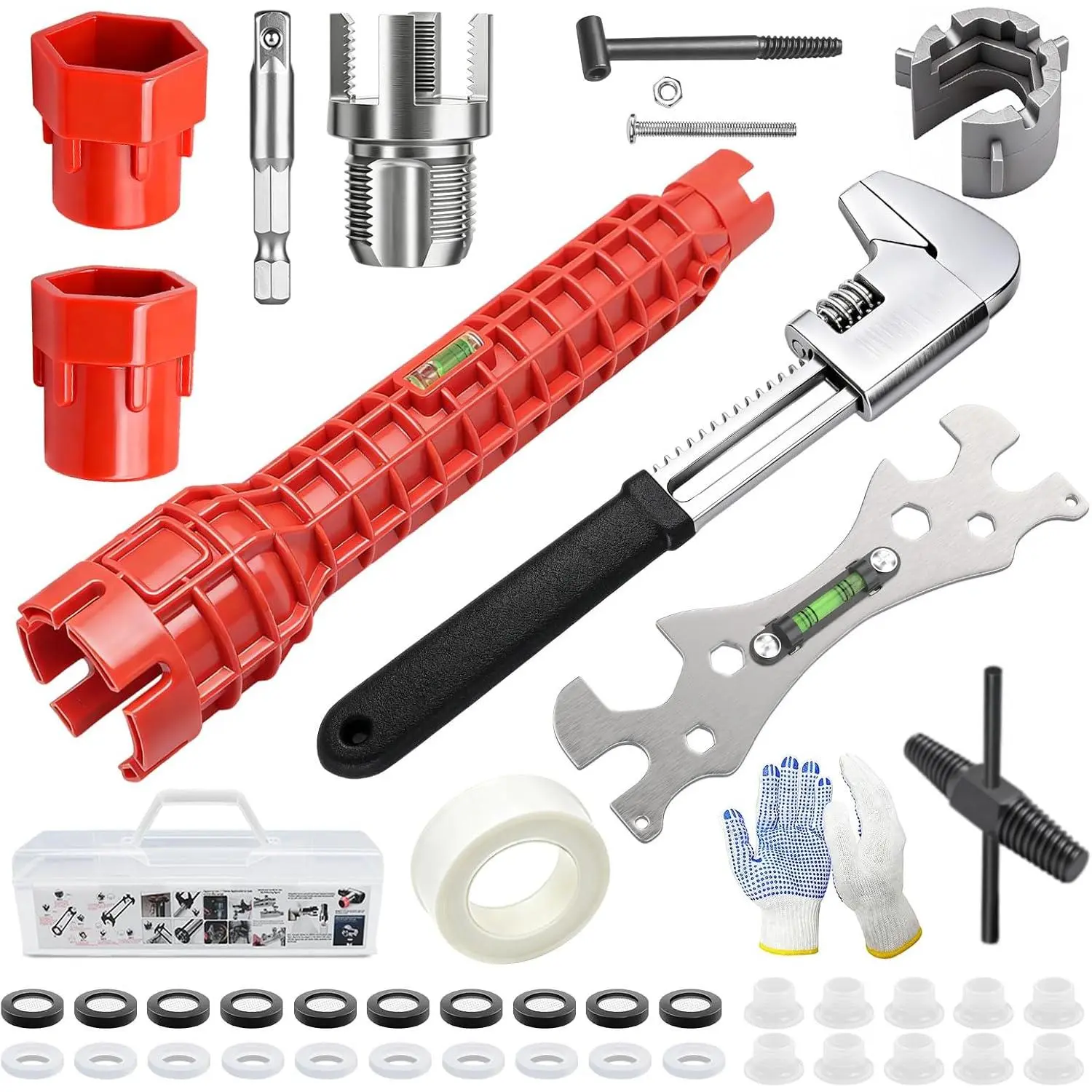 39 count Plumbing Tool and Sink Wrench Set, 8 in 1 Faucet Wrench Faucet Tool for Tight Space, 1/2" PVC Pipe Threader, Pipe Wrench with Adjustable Wrench, Screw Extractors, 304 Shower  Wrench