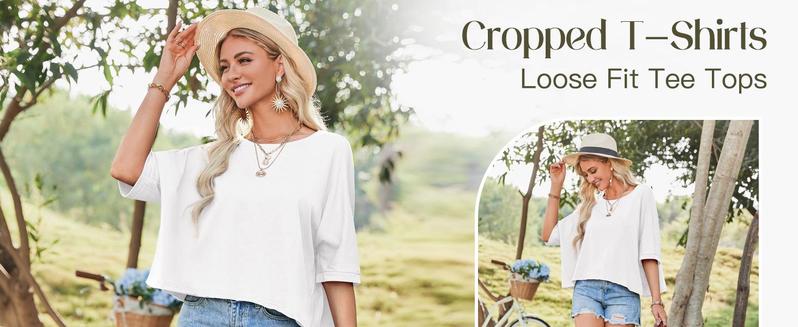 PASLTER  Womens Oversized T-Shirts Cropped Summer Casual Short Sleeve Loose Fit Tee Tops