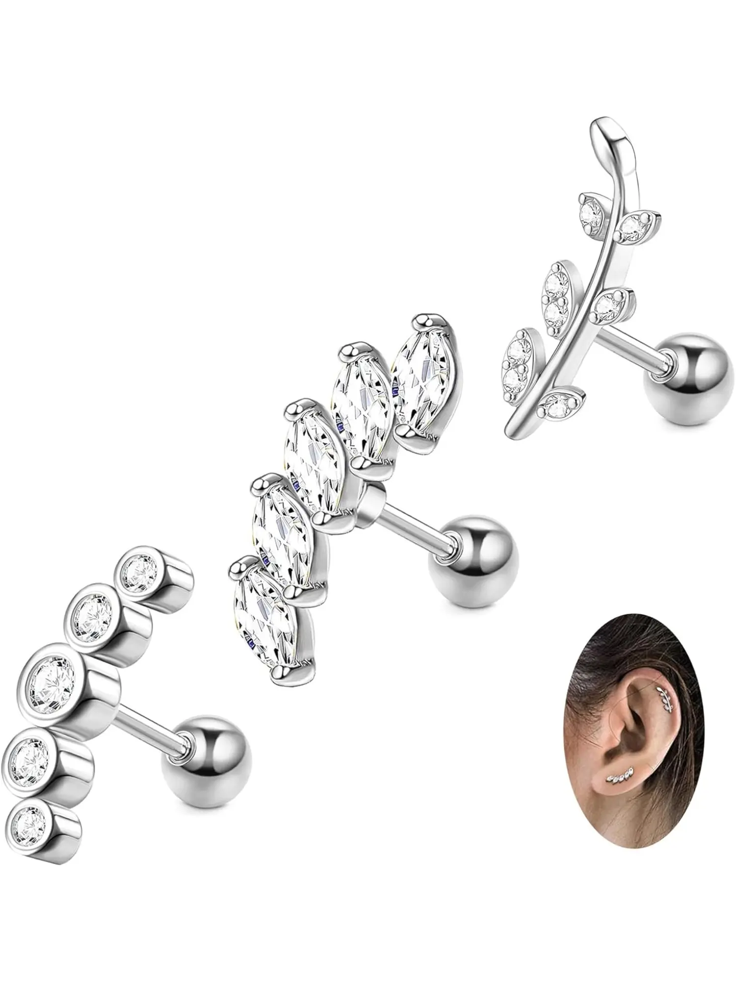 3 Pcs 16G Stainless Steel Cartilage Hypoallergenic CZ Stud Earrings for Women Helix Conch Daith Piercing Jewelry Set
