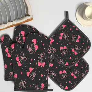 2/4Pcs Oven Mitt & Pot Holder Set | Heart Cherry Printed Heat Resistant Kitchen Set, Ideal for Daily Cooking, Home Oven Use, Baking, Kitchen Decor and Housewarming Gifts