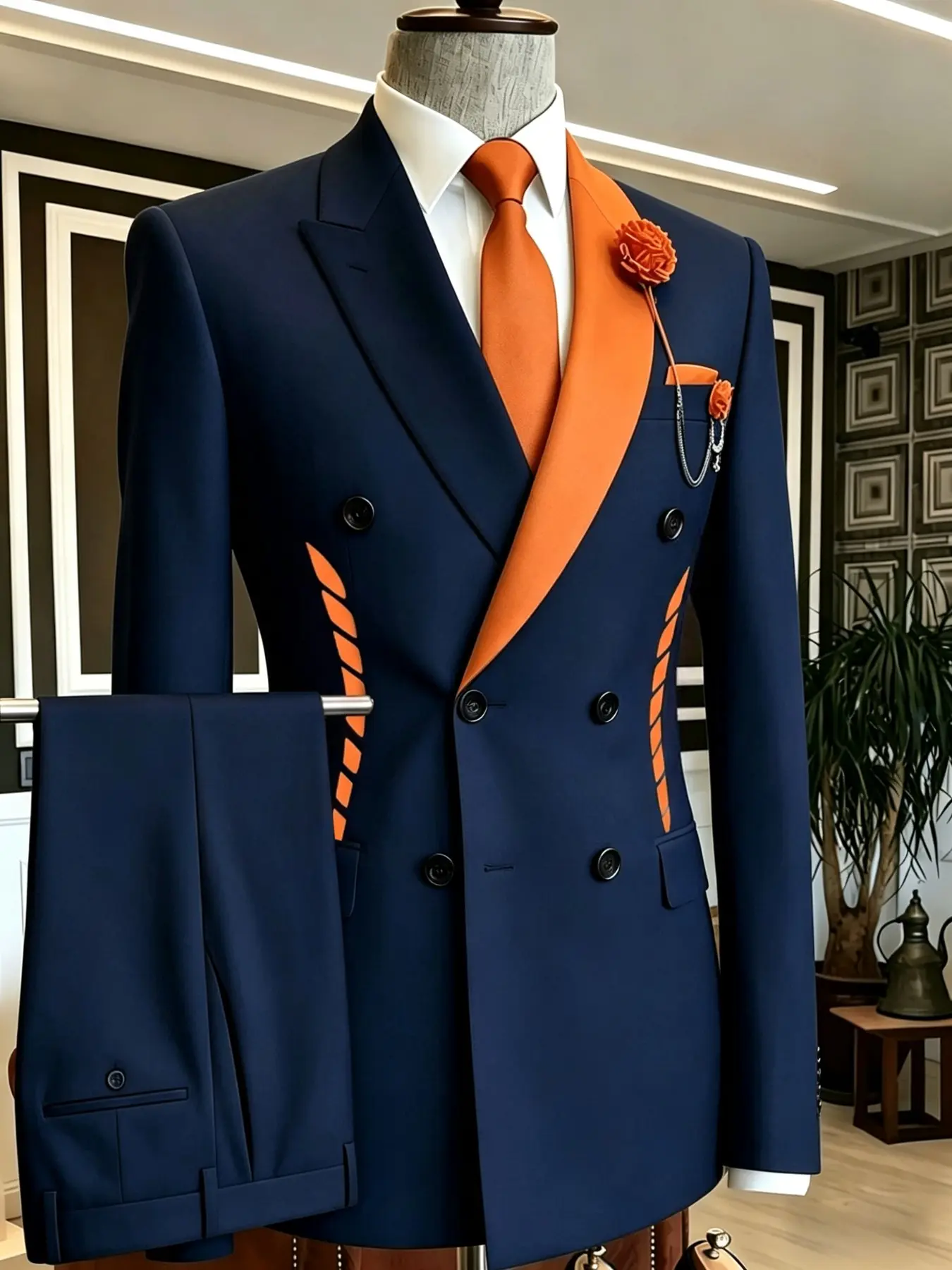 Ainwear Men Navy Asymmetrical Satin Lapel 2 Piece Matching Suit, Double Breasted Blazer Jacket, Solid Navy Dress Pants, Formal Tuxedo