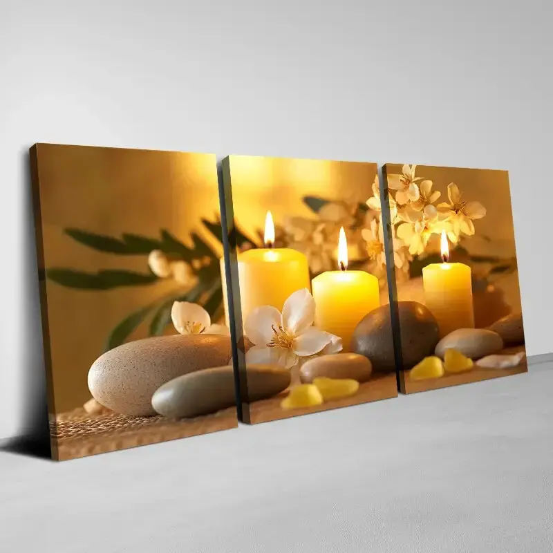 3pcs Relaxing Zen And Flowers Candles with stone Wall Art  /Frame