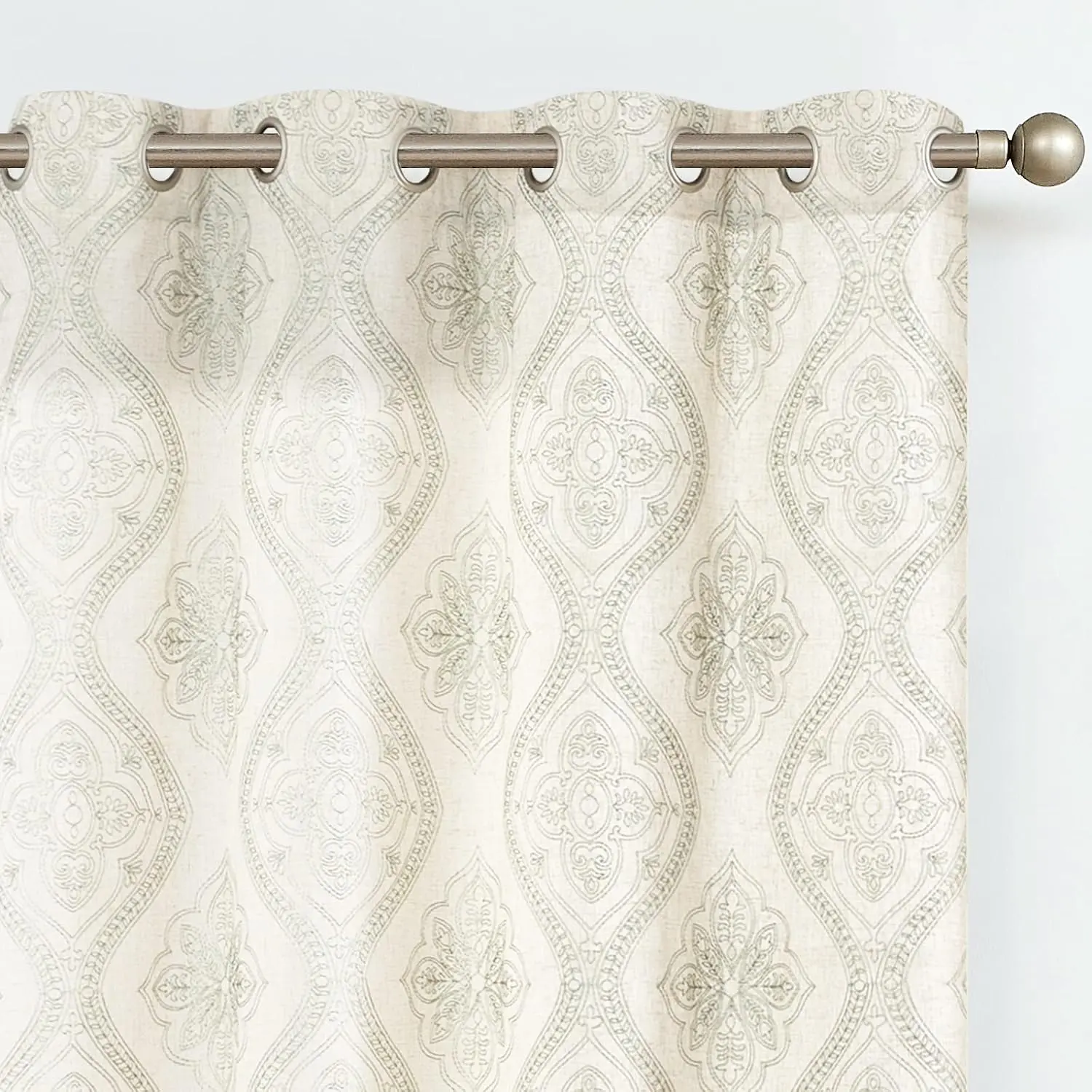 Boho Linen Curtains 63 Inch Grey  Beige Grommet 2 Panels