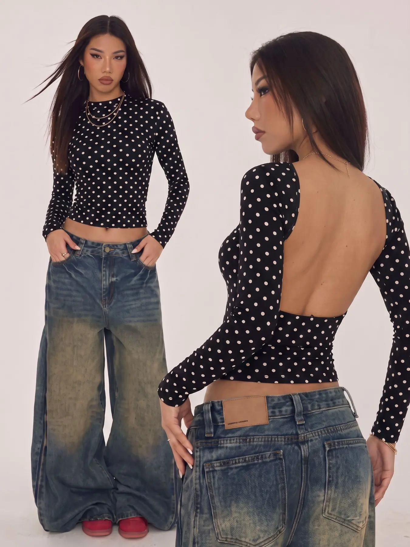 Women Black White Polka Dot Reversible Long Sleeve Crop Top, Y2K Coquette High Neck Open Back Slim Fitted Blouse, 2 Ways Wear Backless Vintage Printed Going Out Shirt, 90s Retro Aesthetic Stretch Layering Tee, Sexy Casual Streetwear Top For Teen Girls And