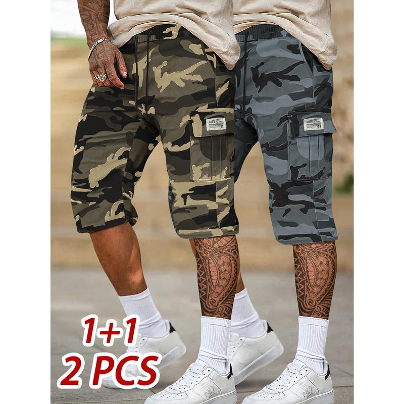 2pcs Men's Camo Cargo Shorts - Multi-Pocket Elastic Waist & Drawstring Casual Outdoor Sports Jogging Shorts, Outdoor Camouflage Training Breathable Men's Wear