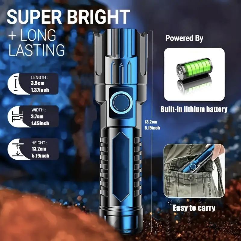 USB Rechargeable LED Flashlight, 2 Counts Portable Zoomable Tactical Flashlight, High Lumen Flashlight, Strong Light Flashlight for Camping & Hiking, Camping, Camping Equipment, Travel Accessories, High Powered Flashlight, High Performance Flashlight