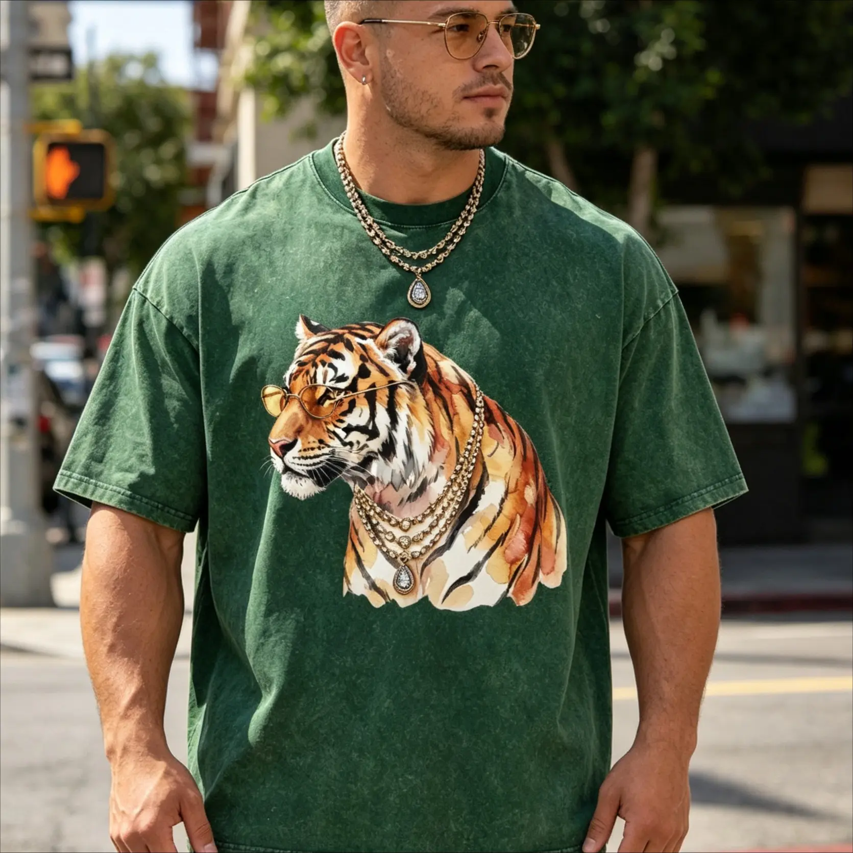 Men's Pure Cotton Washed Short-Sleeve T-Shirt, Animal Theme Medium Fit Tee with Elegant Tiger Graphic, Tops, Shortsleeve