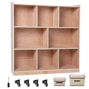 8-Section Wooden Entryway Storage Cabinet – Toy Organizer Locker with 4 Hidden Wheels, 2 Bins, Early Childhood Education Bookshelf, Cubby Storage – Mobile Mudroom Solution for Home, School, Daycare, Learning Area