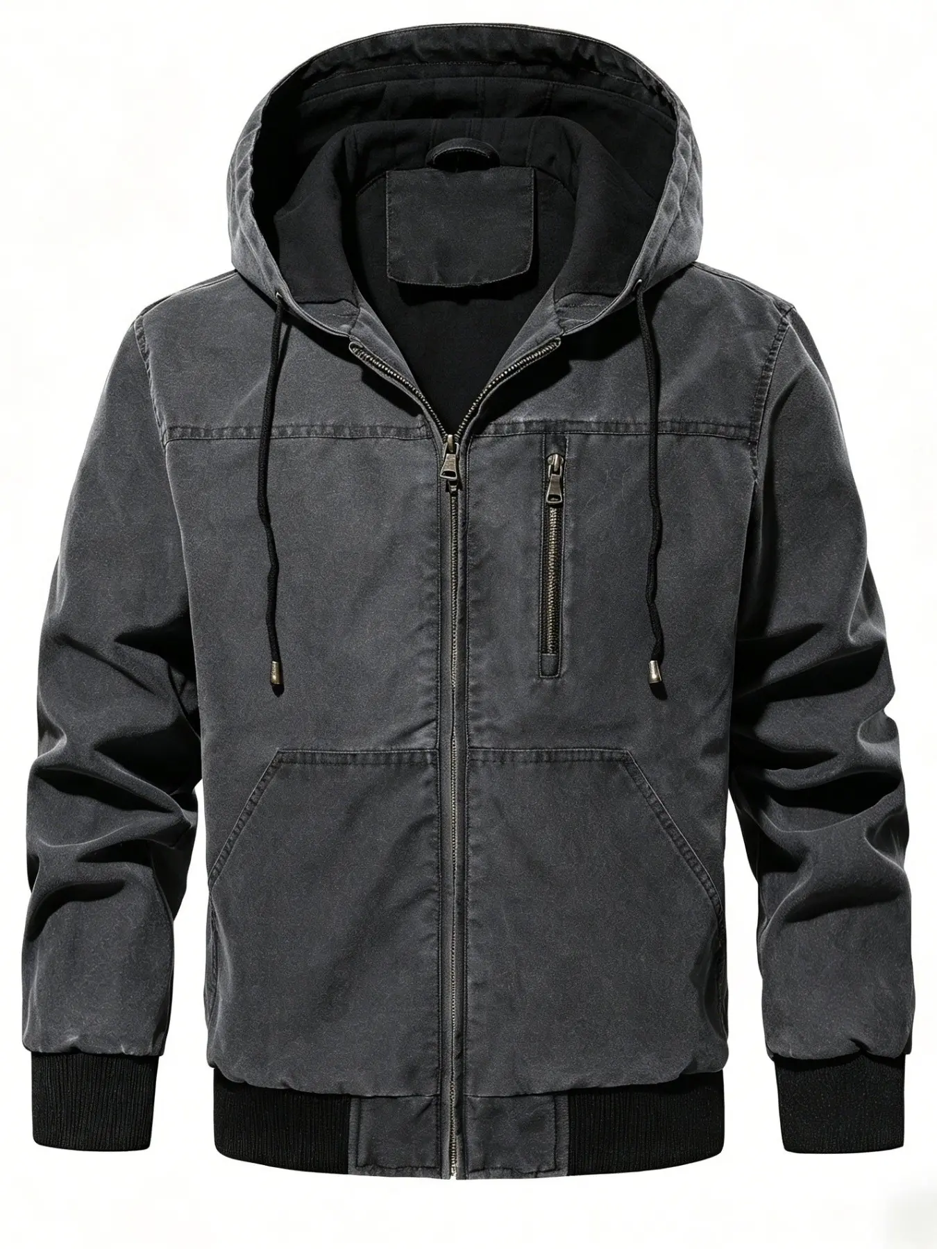Single piece men's spring and autumn casual jacket hooded jacket, washed with water, fashionable trend, zipper closure, multiple pockets, suitable for daily commuting and outdoor wear