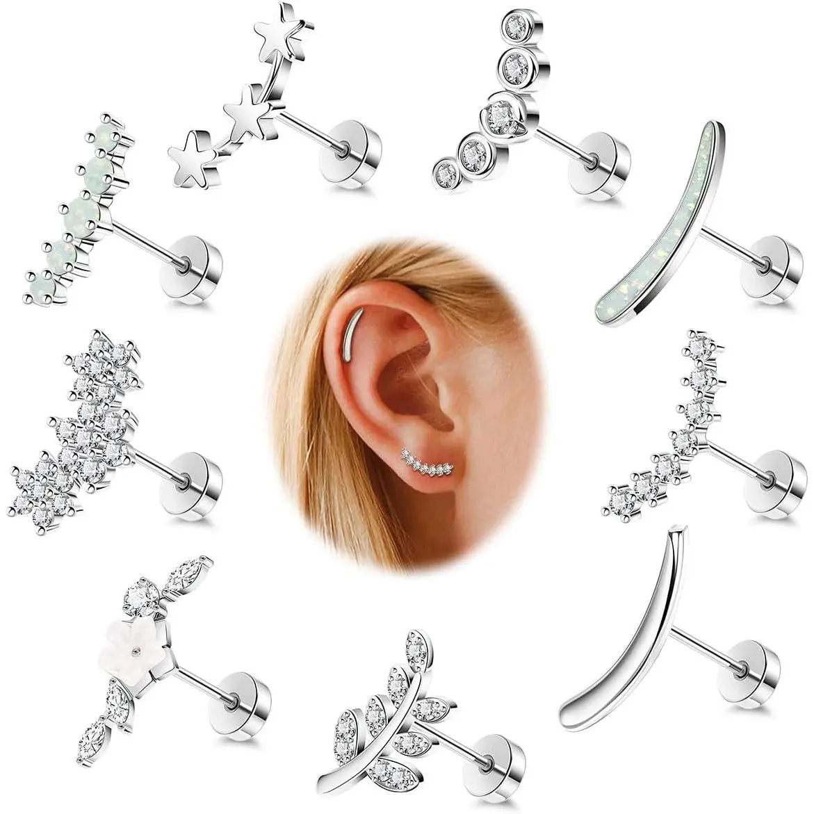 9 count 18G 14K  316L Stainless Steel Cartilage Earrings for Women Helix Earrings Dainty Opal Leaf Flat  Stud Earrings CZ Flower Conch Earrings   6/8MM