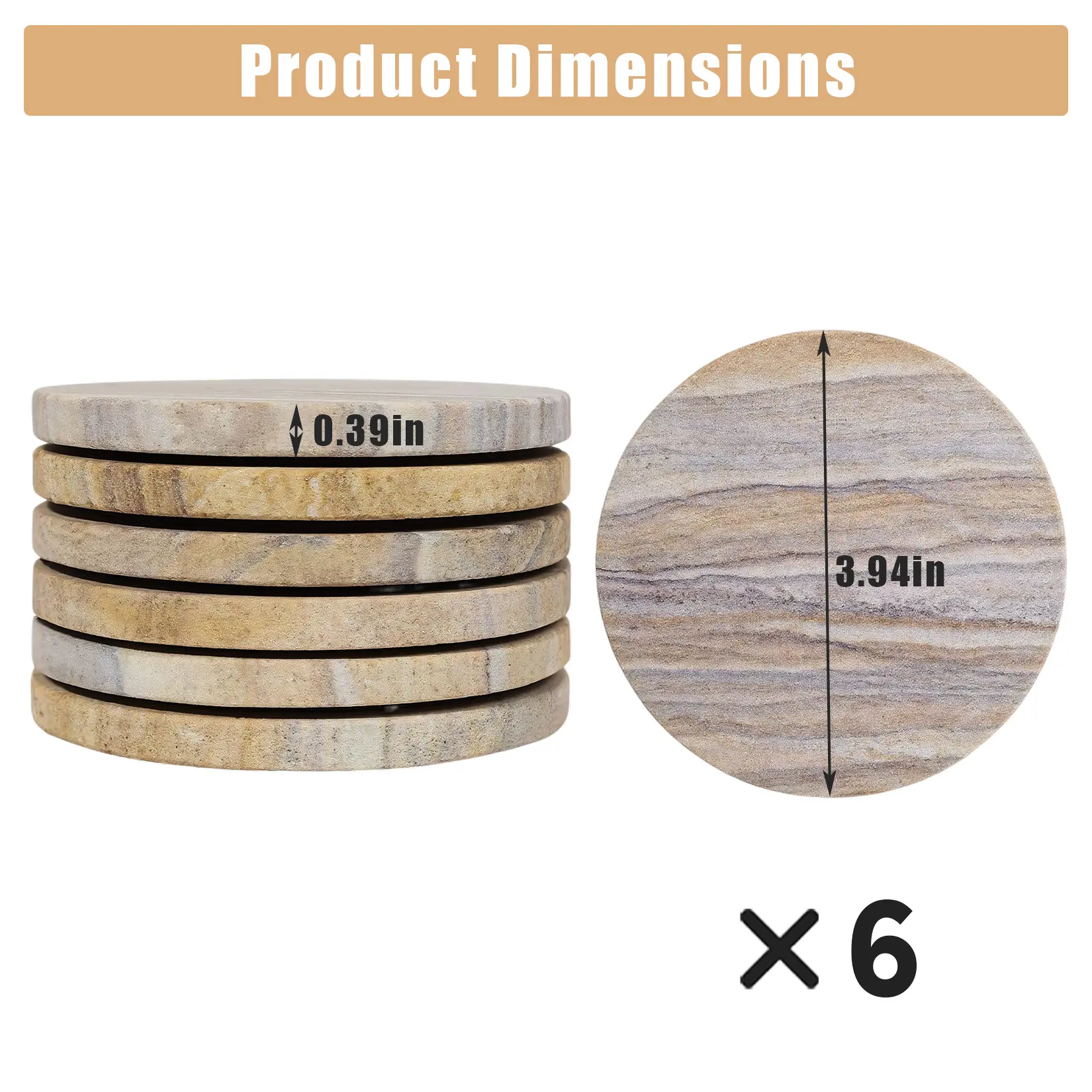 Absorbent & Non-Slip Stone Coasters Set – 6 Pack 4 Inch Round Rainbow Sandstone – Durable Drink Coasters for Home Bar, Kitchen, Dining Table – Perfect for Coffee, Tea, Wine, Beer – No Holder