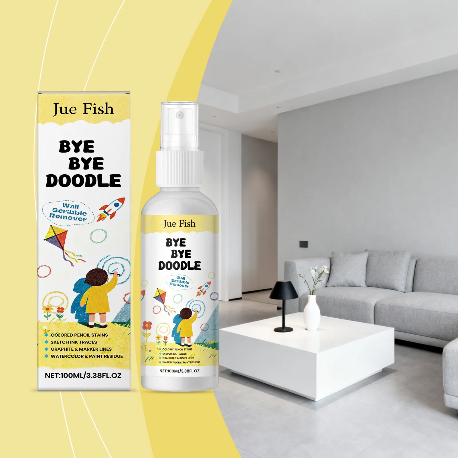 Jue Fish 100ml Bye Bye Doodle Wall Scribble Remover, Heavy Duty Graffiti Cleaner Spray for Colored Pencils, Marker Lines, Ink Traces, and Watercolor, Multi-Surface Safe Wall Stain Erasing Shield